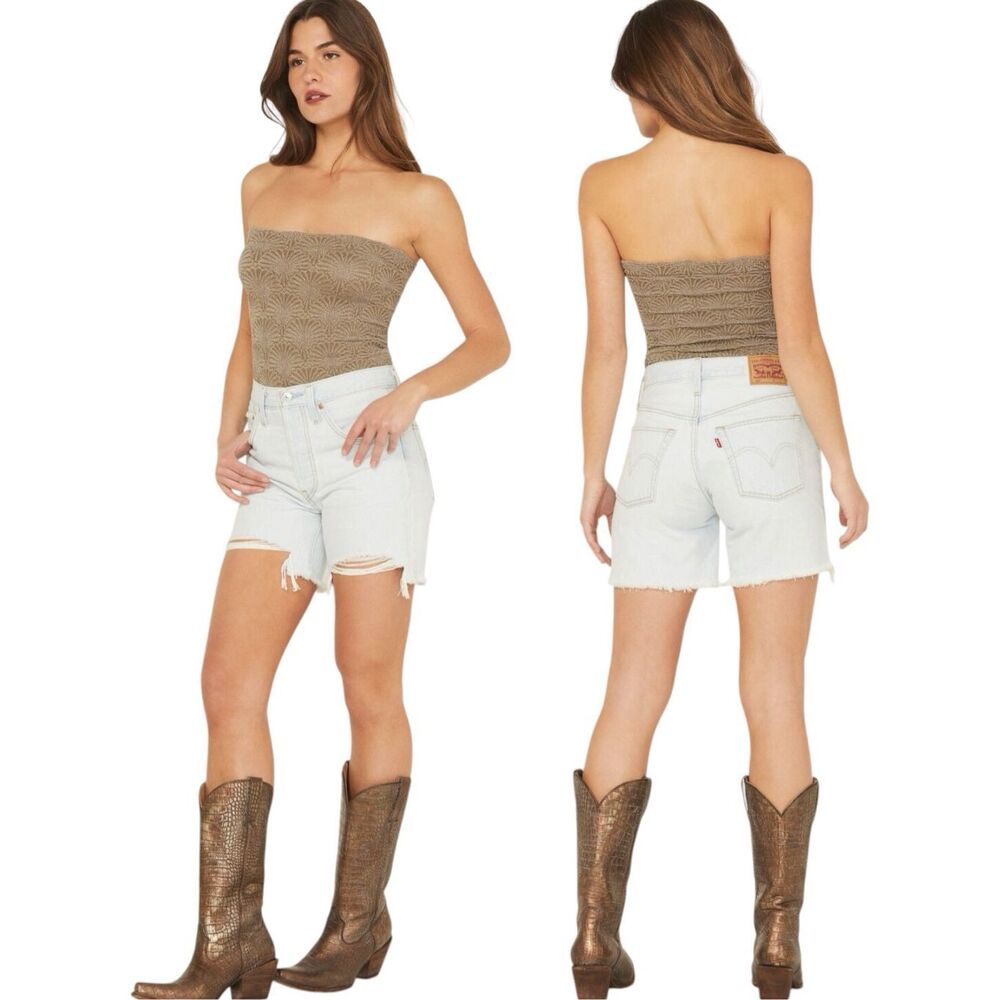 Levi’s 501 Mid Thigh Shorts High Rise Light Wash Button Fly Distresses Denim NWT - Picture 6 of 13